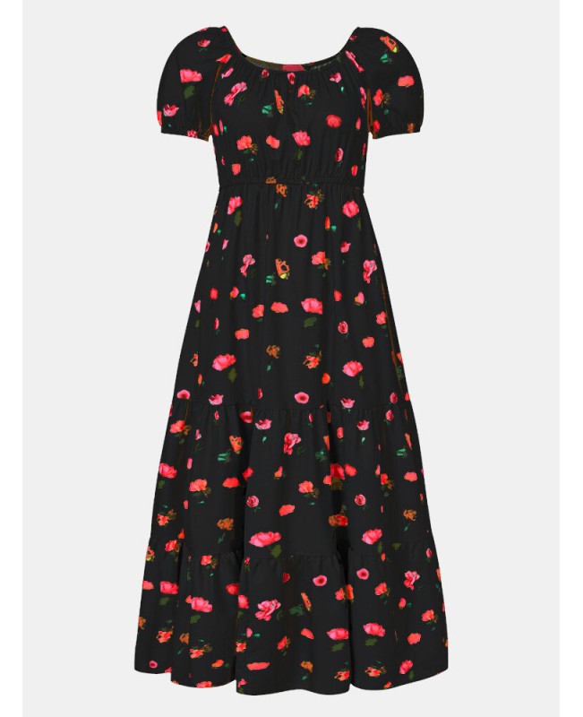 Women Elastic Square Collar Floral Print Holiday Casual Floor Maxi Dress With Belt - White M