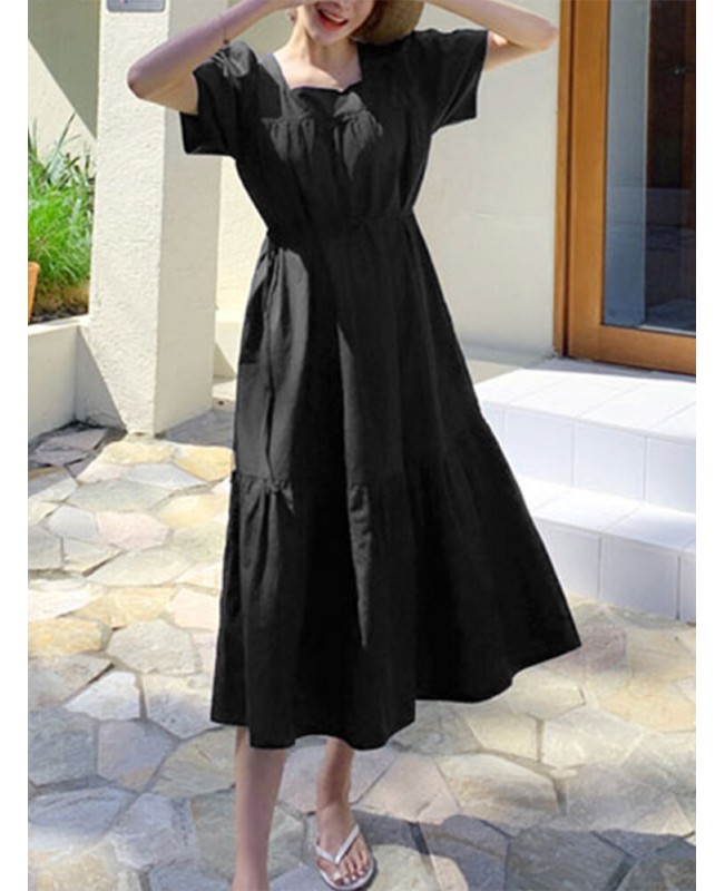 Leisure Solid Tie-Up Ruched Square Collar Maxi Dress - Black S