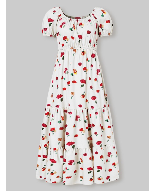Women Elastic Square Collar Floral Print Holiday Casual Floor Maxi Dress With Belt - White M