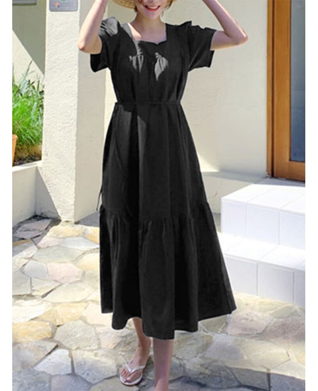 Leisure Solid Tie-Up Ruched Square Collar Maxi Dress - Black S
