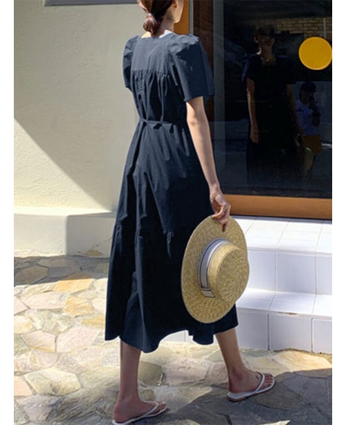 Leisure Solid Tie-Up Ruched Square Collar Maxi Dre...