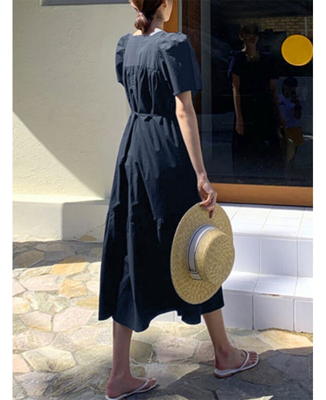 Leisure Solid Tie-Up Ruched Square Collar Maxi Dress - Black S