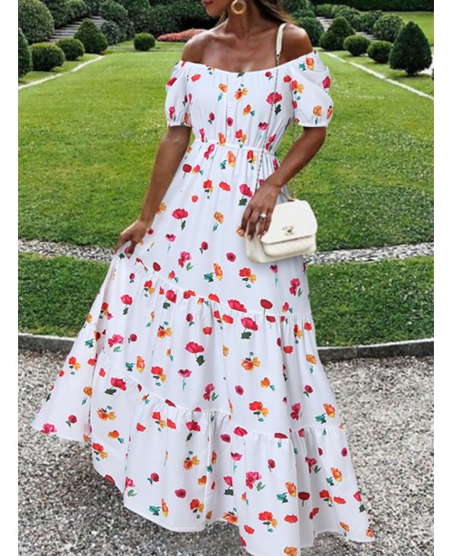 Women Elastic Square Collar Floral Print Holiday C...