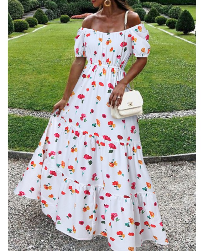 Women Elastic Square Collar Floral Print Holiday Casual Floor Maxi Dress With Belt - White M