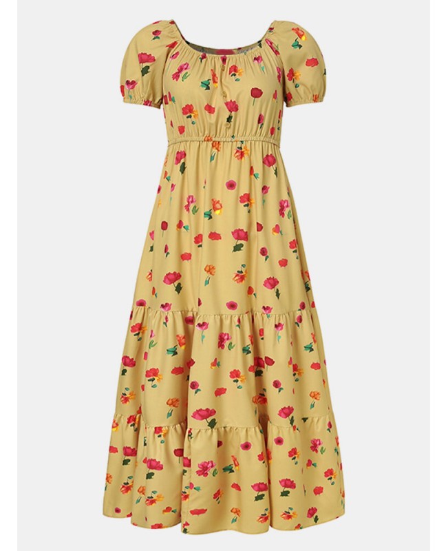 Women Elastic Square Collar Floral Print Holiday Casual Floor Maxi Dress With Belt - White M