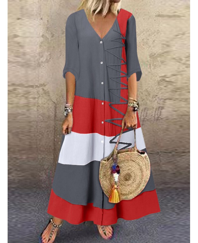 Multicolor Patchwork V Neck Button Maxi Dress - White S