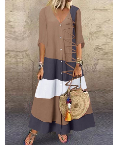 Multicolor Patchwork V Neck Button Maxi Dress - Wh...