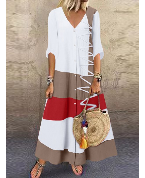 Multicolor Patchwork V Neck Button Maxi Dress - Wh...