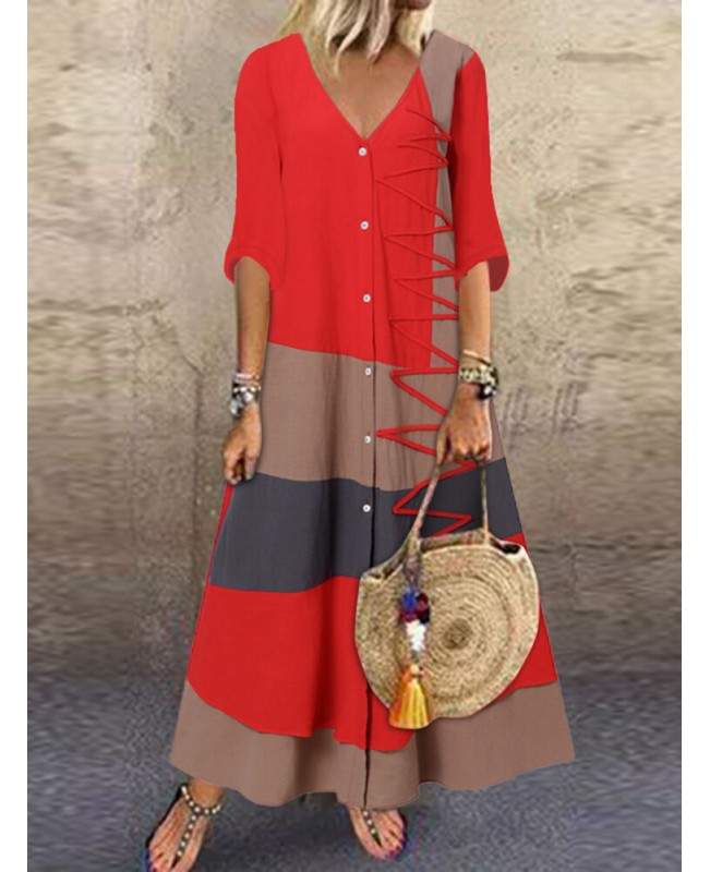 Multicolor Patchwork V Neck Button Maxi Dress - White S