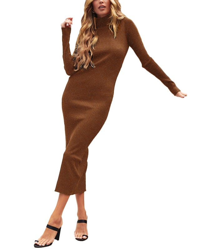 Women Turtleneck Bodycon Long Sleeve Knit Solid Sweater Dress - Black M