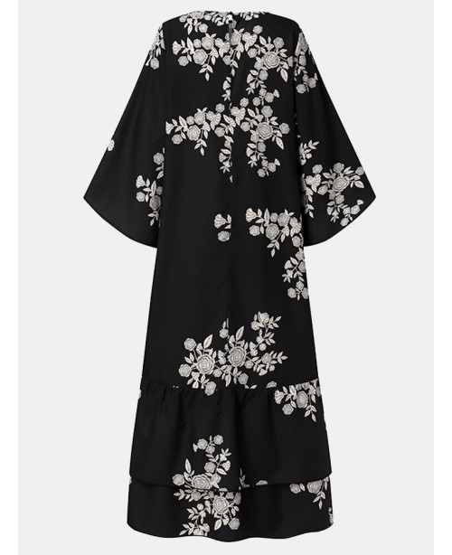 Floral Print Patchwork Crew Neck Button Back Long ...