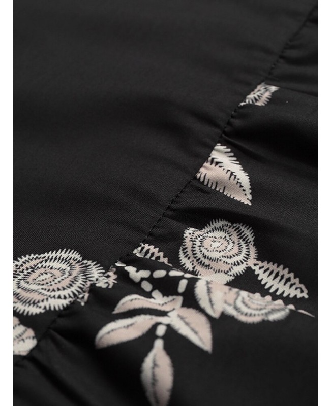 Floral Print Patchwork Crew Neck Button Back Long Sleeve Casual Maxi Dress - Black S