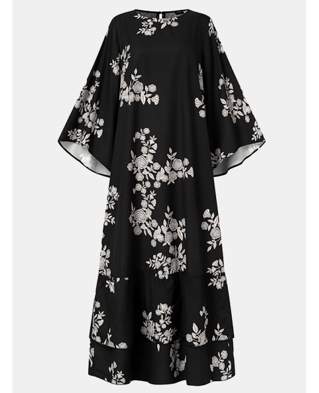 Floral Print Patchwork Crew Neck Button Back Long Sleeve Casual Maxi Dress - Black S