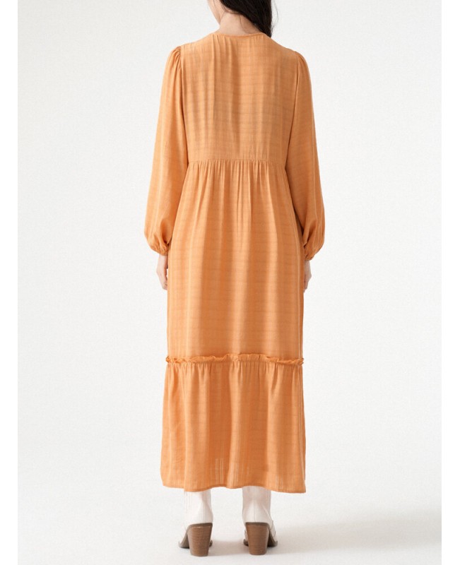 Lettuce Edge Button Front Long Sleeve Crew Neck Dress - Orange S