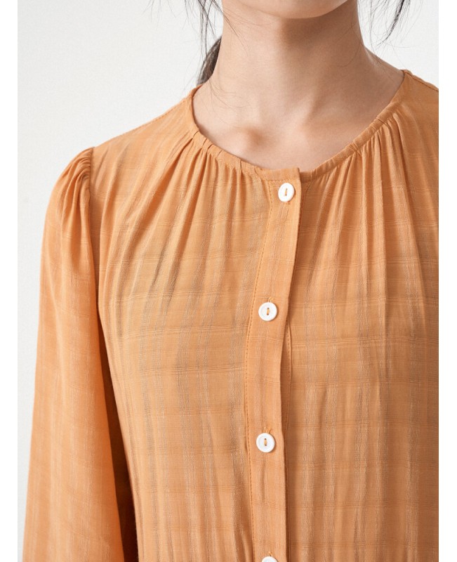 Lettuce Edge Button Front Long Sleeve Crew Neck Dress - Orange S