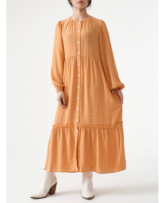 Lettuce Edge Button Front Long Sleeve Crew Neck Dress - Orange S