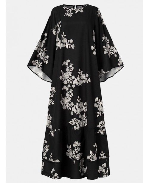 Floral Print Patchwork Crew Neck Button Back Long ...