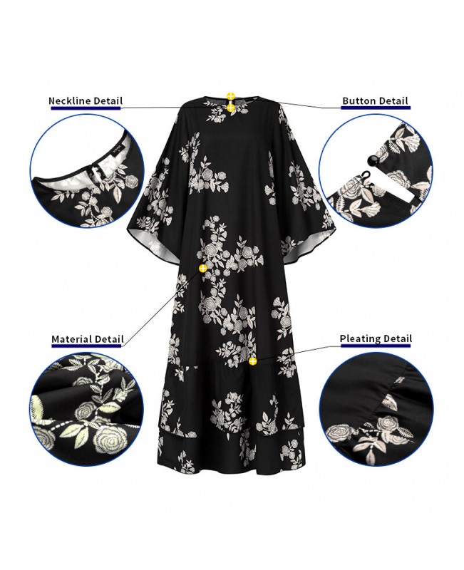 Floral Print Patchwork Crew Neck Button Back Long Sleeve Casual Maxi Dress - Black S