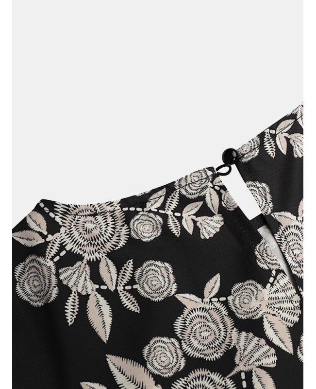 Floral Print Patchwork Crew Neck Button Back Long Sleeve Casual Maxi Dress - Black S