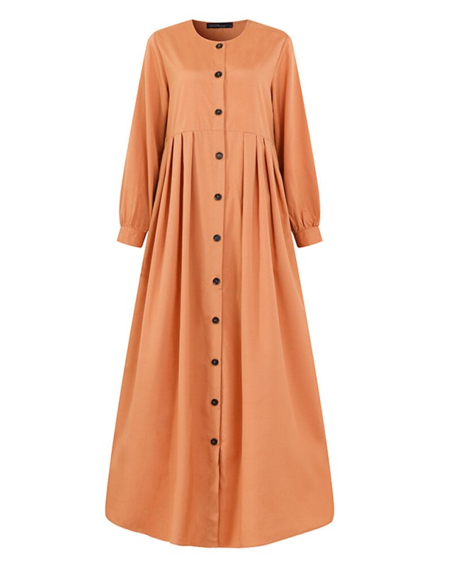 Women Solid Color Button Down Front O-Neck Pleated  Puff Sleeve Maxi Dress With Pocket - Black S