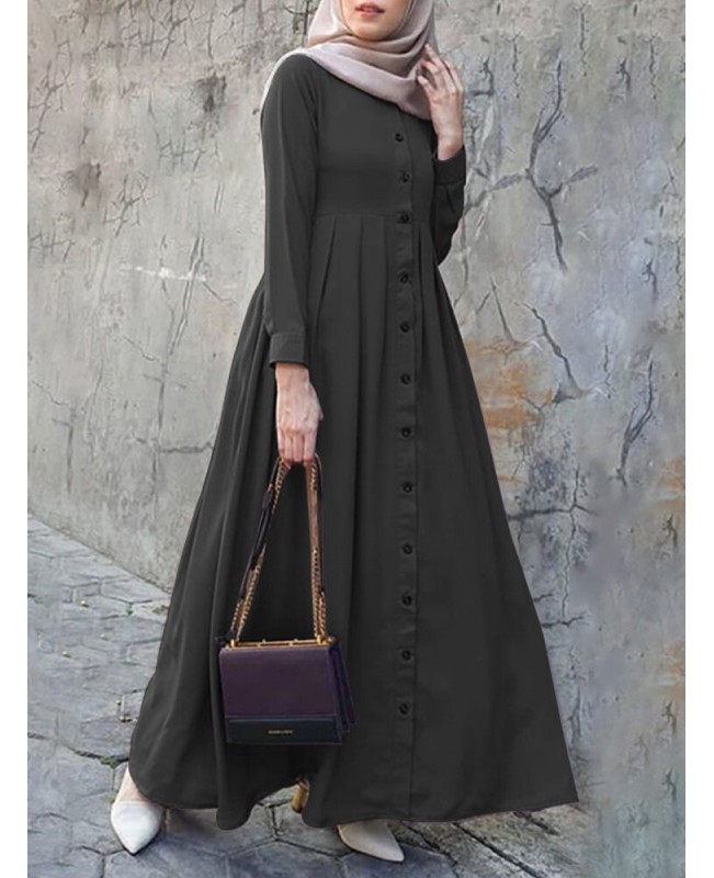 Women Solid Color Button Down Front O-Neck Pleated  Puff Sleeve Maxi Dress With Pocket - Black S