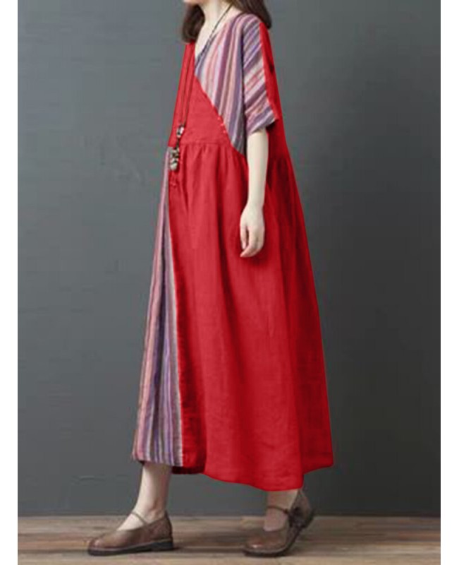 Stripe Patchwork V-neck Half Sleeve Pocket Vintage Maxi Dress - purple M