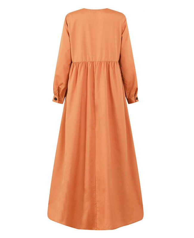 Women Solid Color Button Down Front O-Neck Pleated  Puff Sleeve Maxi Dress With Pocket - Black S