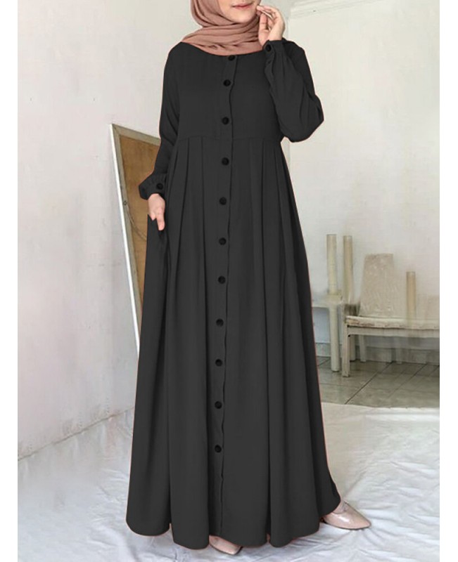 Women Solid Color Button Down Front O-Neck Pleated  Puff Sleeve Maxi Dress With Pocket - Black S