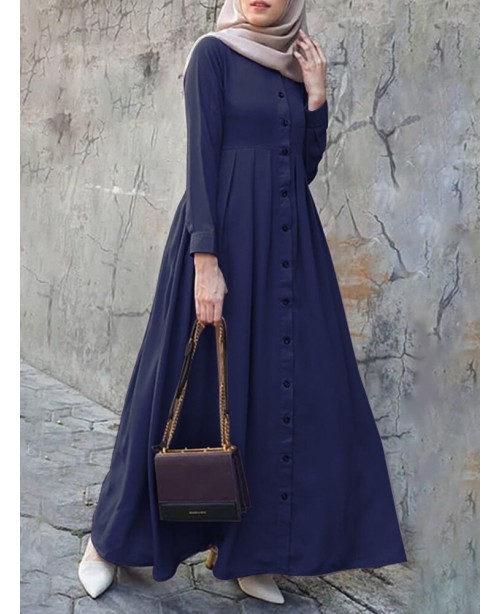 Women Solid Color Button Down Front O-Neck Pleated...