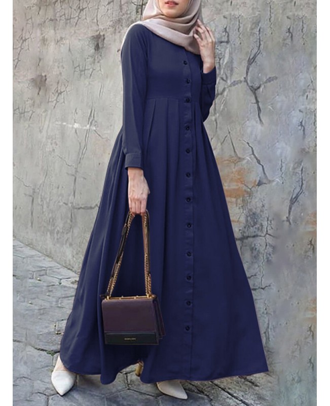 Women Solid Color Button Down Front O-Neck Pleated  Puff Sleeve Maxi Dress With Pocket - Black S