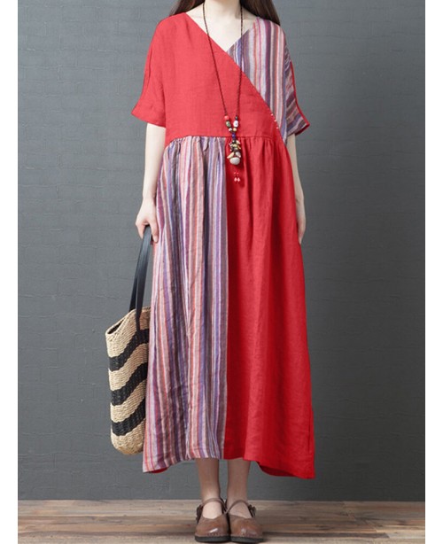 Stripe Patchwork V-neck Half Sleeve Pocket Vintage...