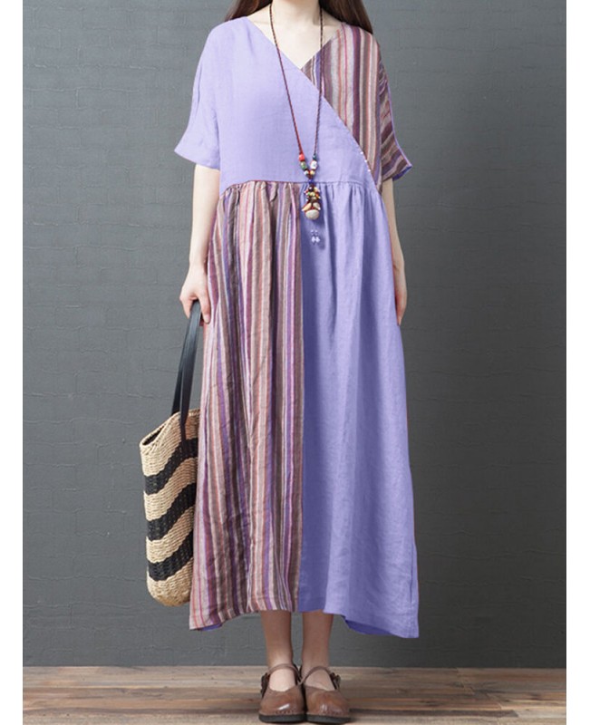 Stripe Patchwork V-neck Half Sleeve Pocket Vintage Maxi Dress - purple M