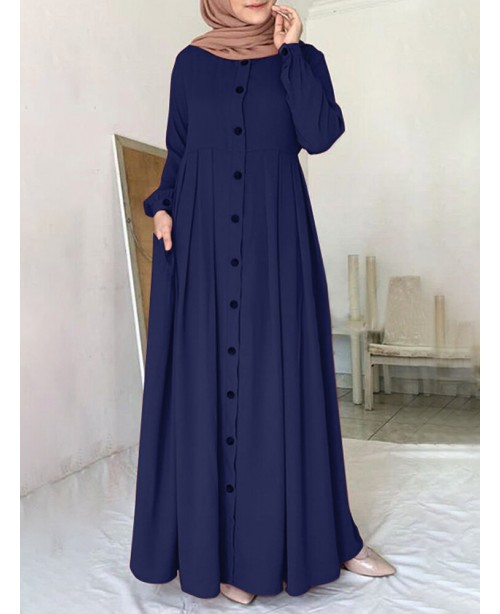 Women Solid Color Button Down Front O-Neck Pleated...