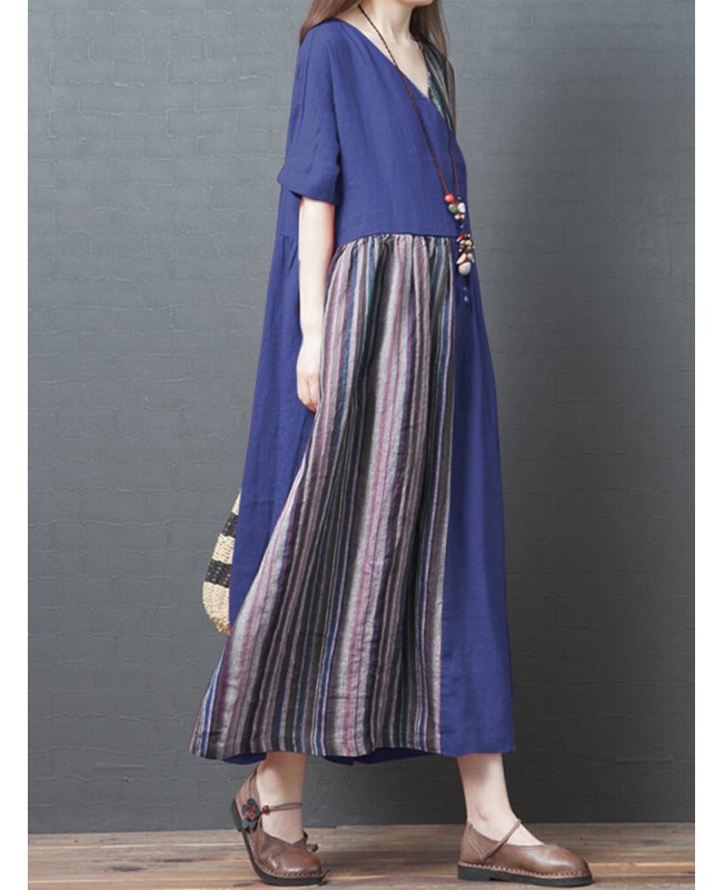 Stripe Patchwork V-neck Half Sleeve Pocket Vintage Maxi Dress - purple M