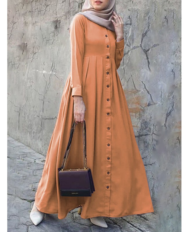 Women Solid Color Button Down Front O-Neck Pleated  Puff Sleeve Maxi Dress With Pocket - Black S