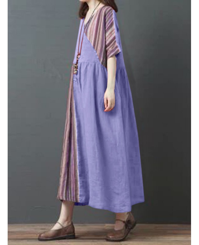 Stripe Patchwork V-neck Half Sleeve Pocket Vintage Maxi Dress - purple M
