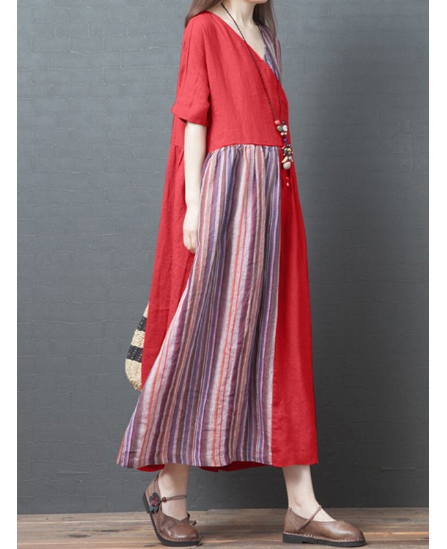 Stripe Patchwork V-neck Half Sleeve Pocket Vintage Maxi Dress - purple M