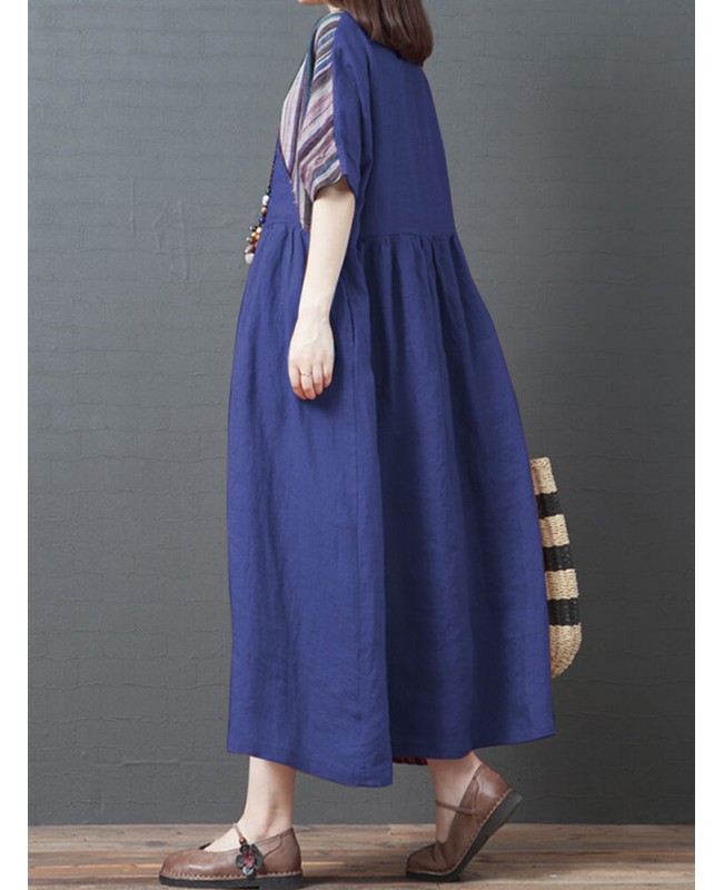 Stripe Patchwork V-neck Half Sleeve Pocket Vintage Maxi Dress - purple M