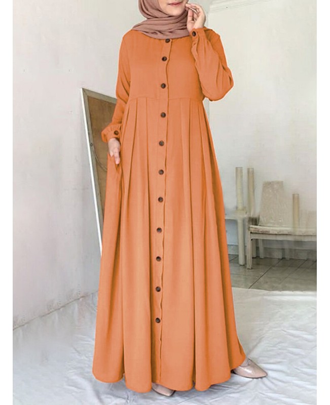Women Solid Color Button Down Front O-Neck Pleated  Puff Sleeve Maxi Dress With Pocket - Black S