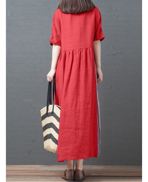 Stripe Patchwork V-neck Half Sleeve Pocket Vintage...