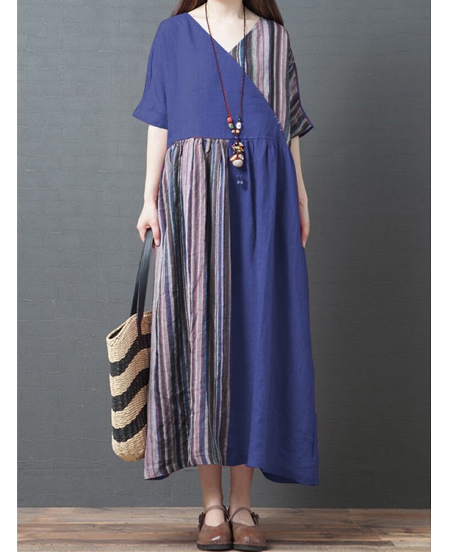 Stripe Patchwork V-neck Half Sleeve Pocket Vintage Maxi Dress - purple M