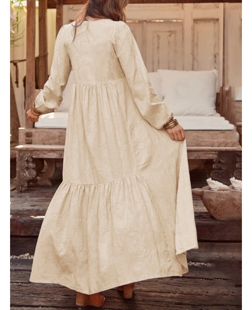 Women Solid Color V-neck Long Sleeve Causal Maxi D...