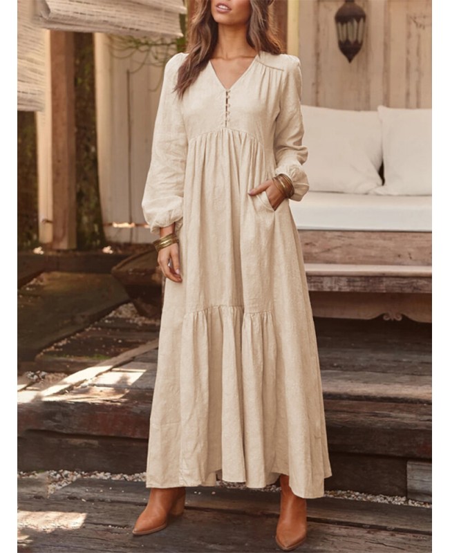 Women Solid Color V-neck Long Sleeve Causal Maxi Dress - Black M