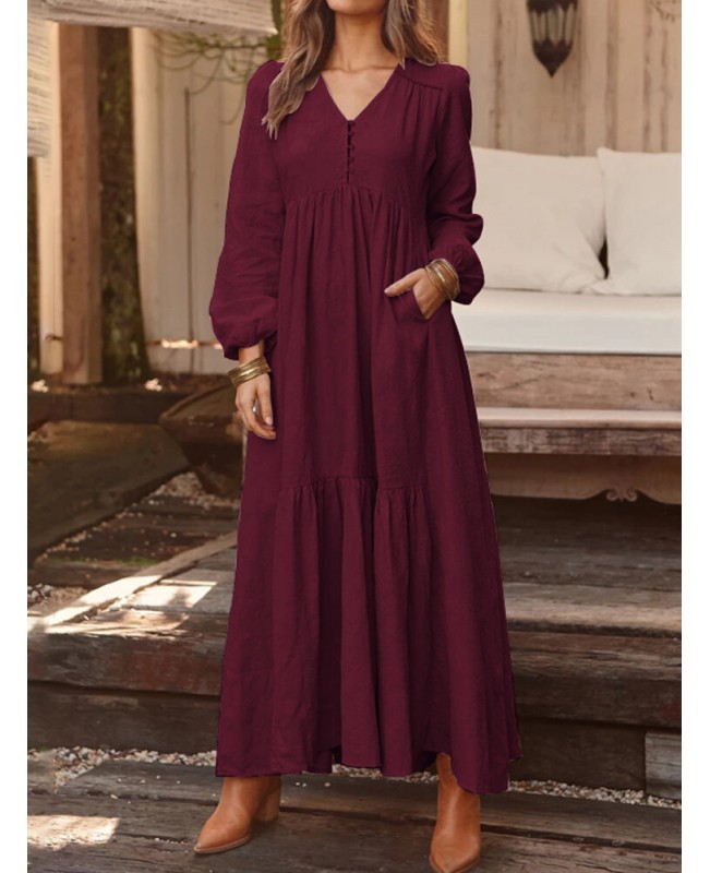 Women Solid Color V-neck Long Sleeve Causal Maxi Dress - Black M