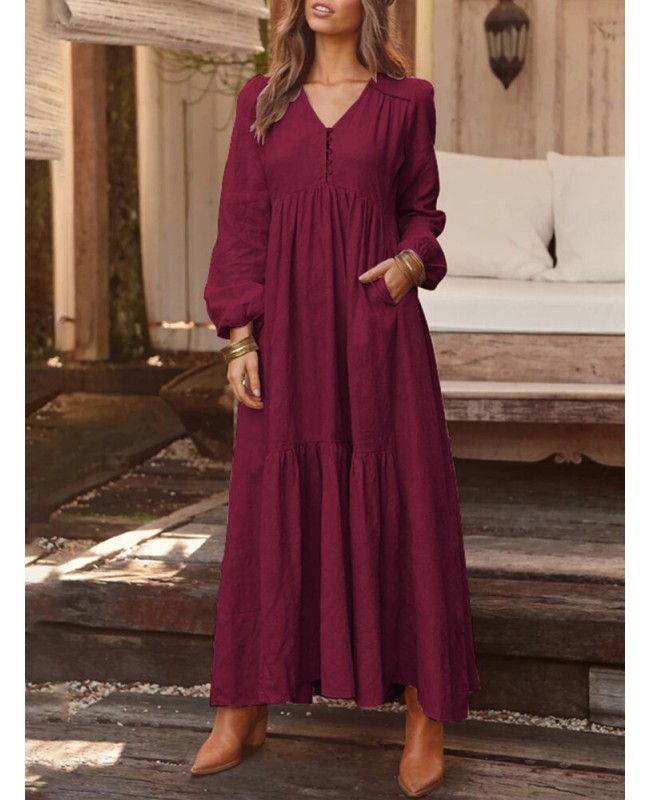 Women Solid Color V-neck Long Sleeve Causal Maxi Dress - Black M