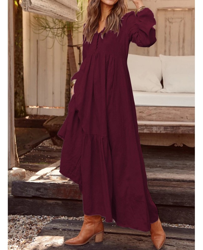 Women Solid Color V-neck Long Sleeve Causal Maxi Dress - Black M