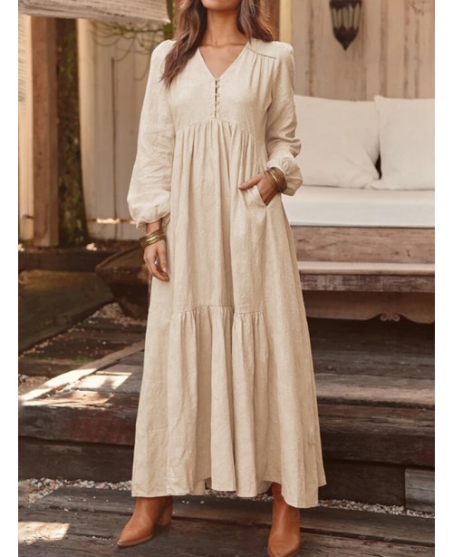 Women Solid Color V-neck Long Sleeve Causal Maxi D...