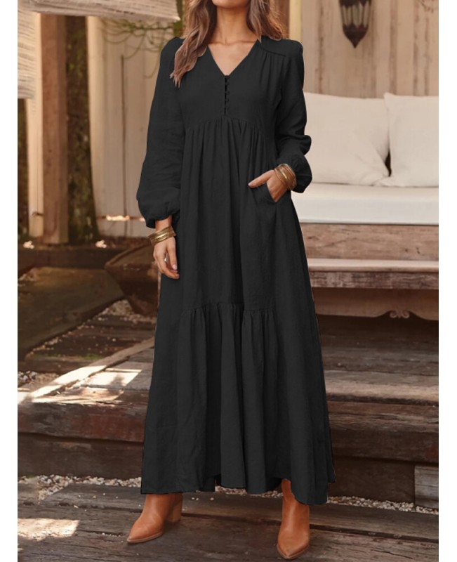 Women Solid Color V-neck Long Sleeve Causal Maxi Dress - Black M