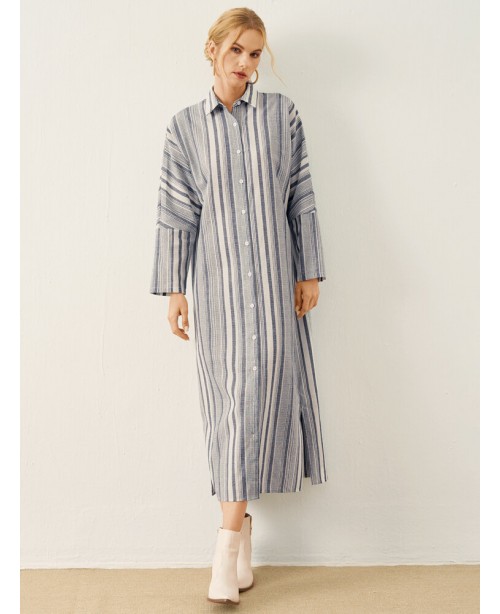 Stripe Pattern Long Sleeve Button Slit Hem Maxi Dr...