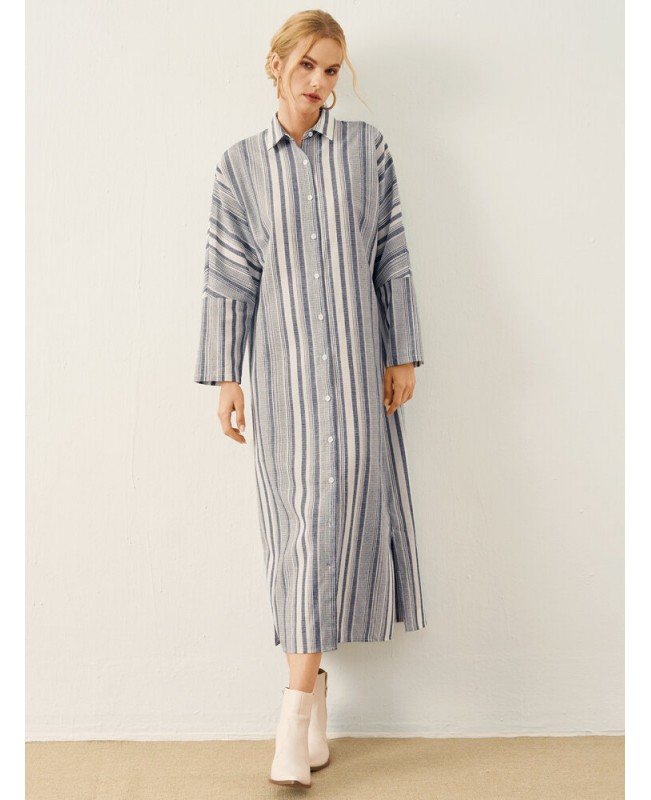 Stripe Pattern Long Sleeve Button Slit Hem Maxi Dress - Blue S